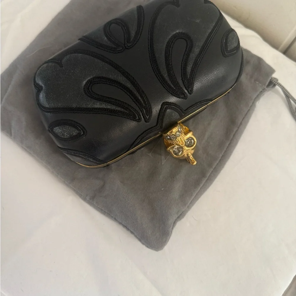Alexander McQueen Black Leather Skull Box Clutch Bag.